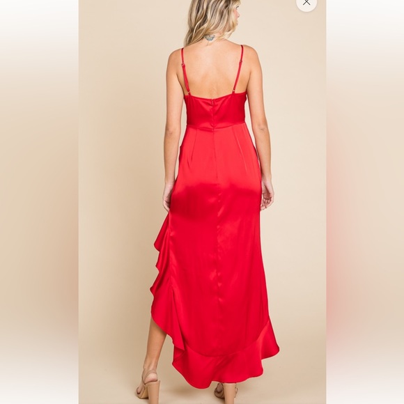 New in Red Hot Satin Ruffled Asymmetrical Hem
Cami Maxi Dress - Picture 3 of 6